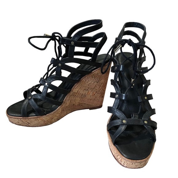 Joie lace up black and cork wedges with gold detailing - Picture 5 of 7